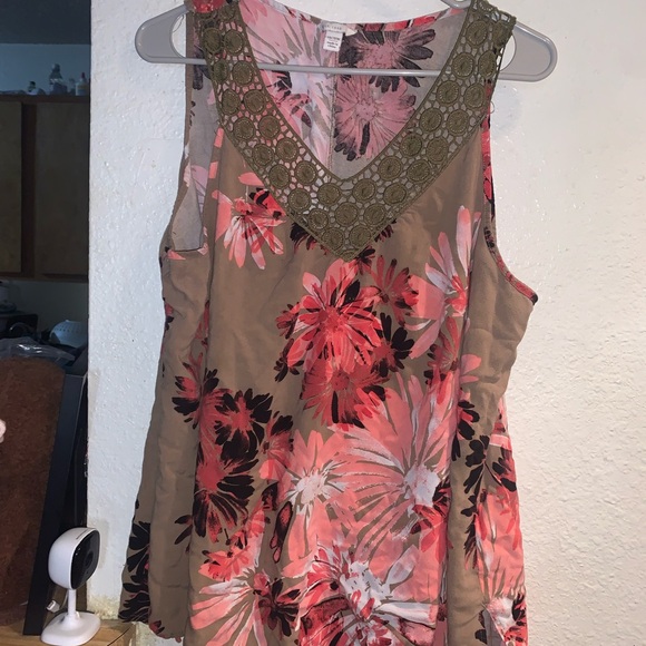 Cato Tops - Cato Taupe Tank Top with Pink Floral Print and Embellished V-Neck